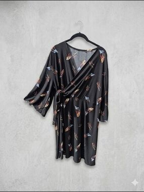 Black Feather Print Wrap Dress